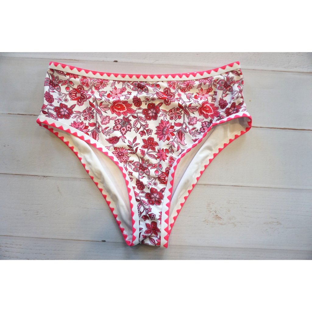 Floral Red & White W/ Pink Accents High-Waisted Bikini Bottoms - Size 2xl, Nwot
